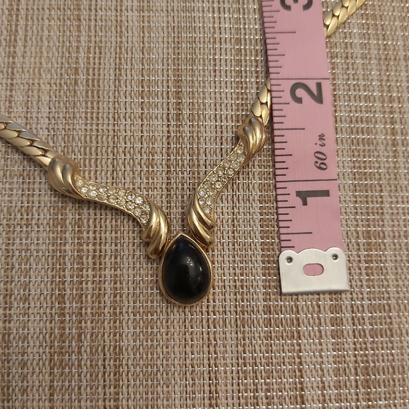 Vintage choker gold black stone necklace rhinestones 15" - Picture 8 of 9